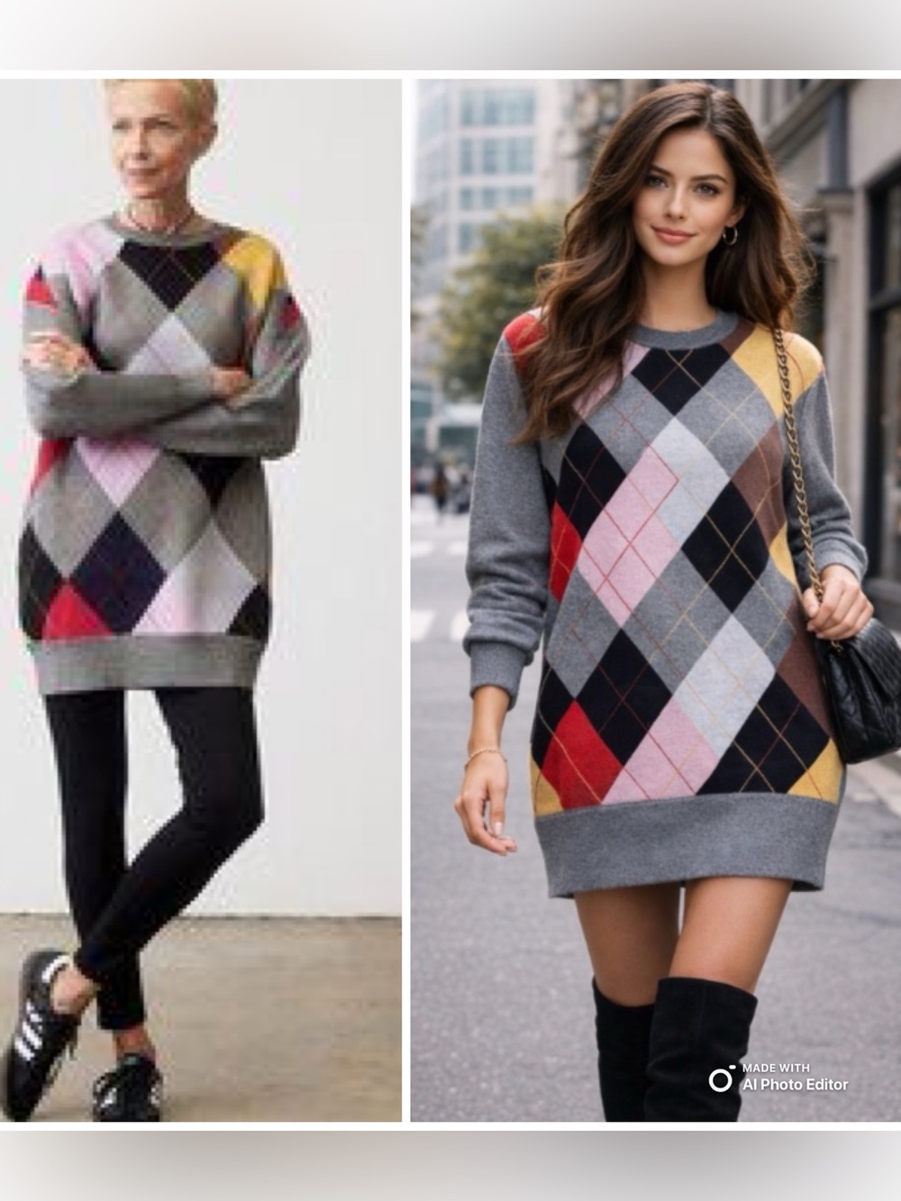 Ruti Argyle Crewneck Sweater Dress Ribbed Hem, Neck, Cuffs Size XSmall EUC!